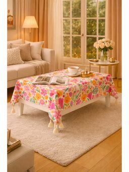 THROW PILLOW - Pink Vibrant Garden Floral Elegant Corner Tassels Dining Table Cover