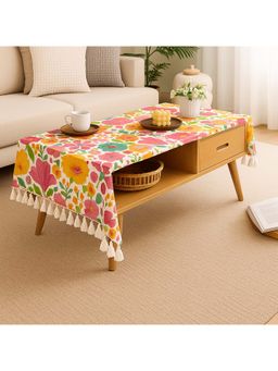 THROW PILLOW - White Vibrant Watercolour Garden Floral Tassel Trim Dining Table Cover