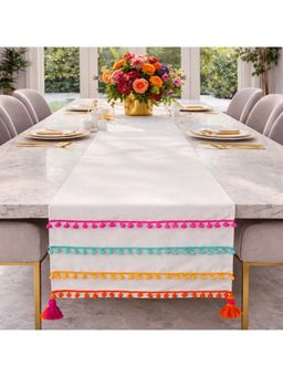 THROW PILLOW - White Colourful Pom-Pom Lace Corner Tassel Table Runner