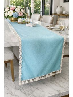 THROW PILLOW - Blue Cotton Linen Crystals Lace Table Runner