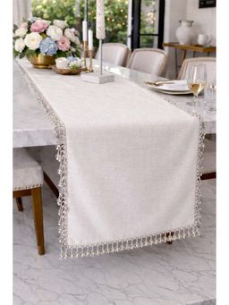 THROW PILLOW - Off White Cotton Linen Crystals Lace Table Runner