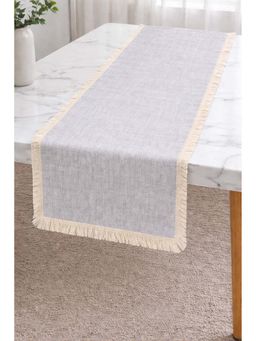 THROW PILLOW - Grey Linen Herringbone Fringe Lace Table Runner