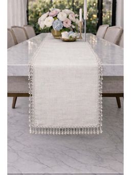 THROW PILLOW - Beige Neutral Linen Herringbone Crystals Lace Table Runner