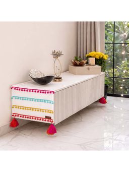 THROW PILLOW - White Colourful Pom-Pom Lace Corner Tassel Console Runner