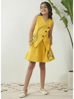 Bugandbees - Sleeveless Round Neck Frilled Cotton Yellow Embroidered Top with Skirt