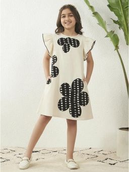 Bugandbees - Girls Polka Dot Floral Print Cotton Off-White A-Line Dress