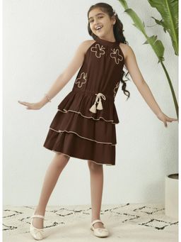 Bugandbees - Girls Brown Butterfly Embroidery Tassel Detail Tiered Halter Dress