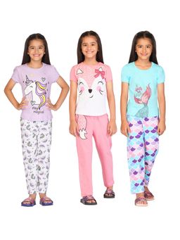 TotzTouch - Girls Multi-Color Printed Cotton T-Shirt & Pyjama (Pack of 3)