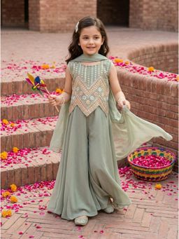 Autumnlane - Joy Sage Embroidery Kids Top with Palazzo & Dupatta