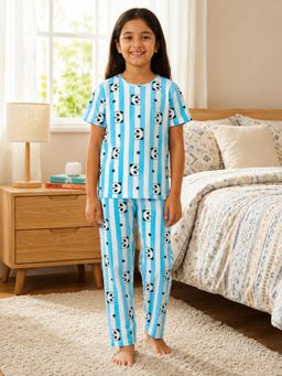 Ninos Dreams - Blue Half Sleeves Stripes Panda Print T-Shirt with Pyjama