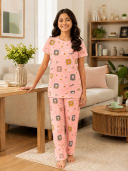Ninos Dreams - Peach Jersey Half Sleeves Happy Cat Print T-Shirt with Pyjama
