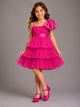 The Little Tales - Fuschia Pink Net Ruffled Dress