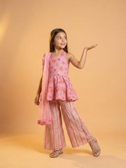 Nautinati - Girls Cotton Blend Chintz Floral Halter Neck Kurta with Palazzo & Dupatta