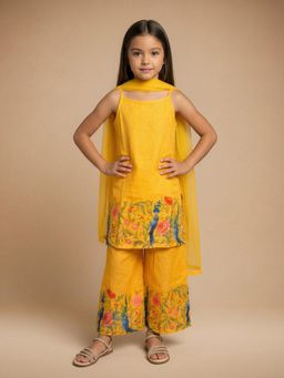 Nautinati - Girls Cotton Blend Floral Strappy A-Line Kurta with Palazzo & Dupatta