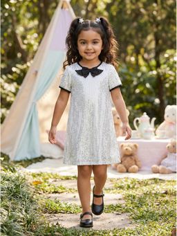 Nautinati - Girls Satin Bow A-Line Solid Silver Sequinned Party Dress