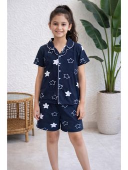 Ninos Dreams - Navy Blue Star Printed Cotton Half Sleeves Shirt & Shorts