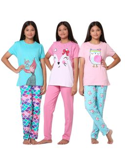 TotzTouch - Girls Multi-Color Printed Cotton T-Shirt & Pyjama (Pack of 3)