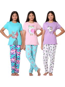 TotzTouch - Girls Multi-Color Printed Cotton T-Shirt & Pyjama (Pack of 3)