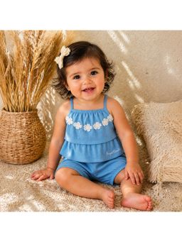 Purple United Kids - Girls Blue Floral Applique Cotton Top & Shorts