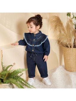 Purple United Kids - Girls Navy Blue Ruffle Lace Cotton Fit Denim Top with Pant