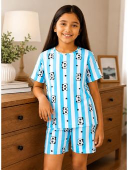 Ninos Dreams - Blue Half Sleeves Striped Panda Print T-Shirt with Shorts