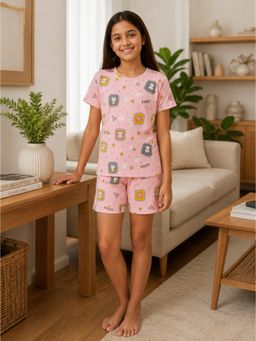 Ninos Dreams - Peach Jersey Half Sleeves Happy Cat Print T-Shirt with Shorts