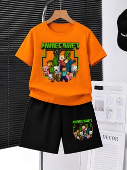 Googo Gaaga - Boys Orange Graphic Print T-Shirt with Shorts