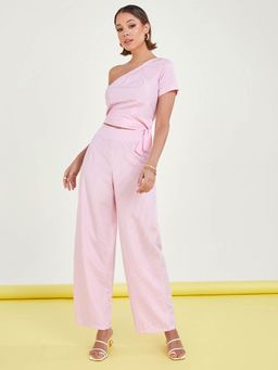 Styli - Pink One Shoulder Striped Crop Top And Trouser Co-ord Set (Set of 2)