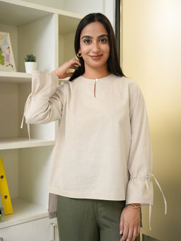 FableStreet - Linen Tie Up Sleeve Top - Beige