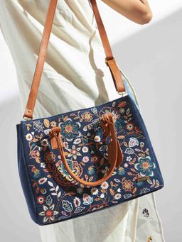Chumbak - Batik Bloom Embroidered Tote - Navy