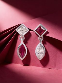 Ornate Jewels - 925 Silver Rhodium Plated Red Ruby Dazzling Duo Earring for Women & Girls