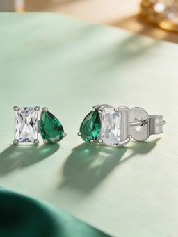 Ornate Jewels - 925 Silver Rhodium Plated Green Emerald Glimmering Duo Earring for Women & Girls