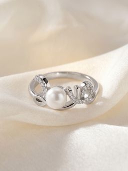 Ornate Jewels - 925 Silver Rhodium Plated Round Pearl Elegance Ring for Women & Girls