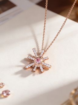 Ornate Jewels - 925 Silver Rose Gold Pink American Diamond Dazzling Sunbeam Necklace for Women & Girls