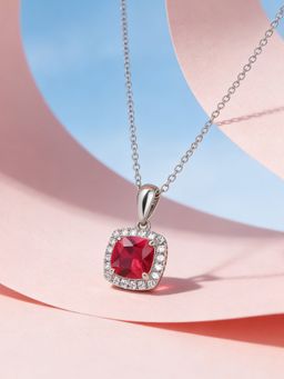 Ornate Jewels - 925 Silver Rhodium Plated Square Red Ruby Scarlet Sparkle Necklace for Women & Girls