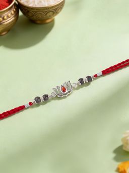 Ornate Jewels - 925 Silver Red Garent Lotus Kamal Thread Rakhi With Roli Chawal for Brother