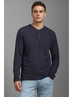 Louis Philippe - Men Navy Textured Henley Neck T-Shirt