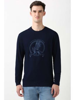 Peter England - Men Navy Embroidered Round Crew Neck T-Shirt
