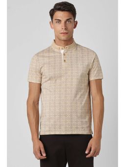 Van Heusen - Men Beige Print Henley Neck Polo T-Shirt