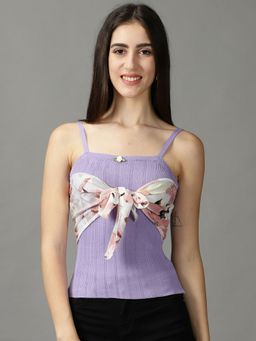 SHOWOFF - Womens Shoulder Straps Fitted Textured Lavender Crop Top
