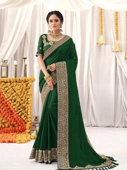 Odette - Mahotsav Womens Green Vichitra Silk Solid Saree with Unstitched Blouse