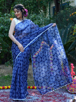 Indi Inside - Dabu Printed Saree with Pom Pom Lace with Unstitched Sequin Blouse