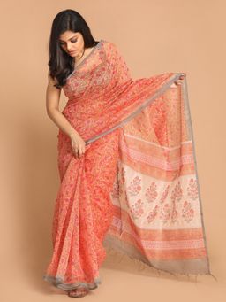 Indethnic - Peach Floral Super Net Saree with Unstitched Blouse
