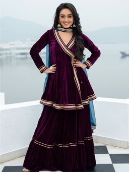 Lavanya The Label - Velvet Magenta Angrakha Style Palazzo (Set of 2)