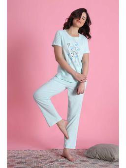 Zivame - Women Farm Lore Knit Cotton Opal Blue T-Shirt and Pyjama