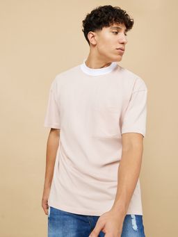 Styli - Peach Contrast Neck Oversized T-shirt With Pocket Detail