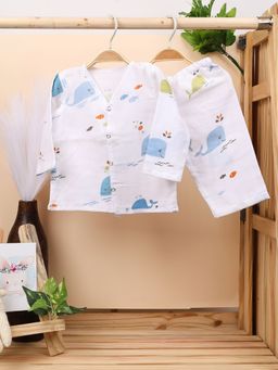 Moms Home - Unisex Multi-Color Printed Jhabla with Pyjama (Set of 2)