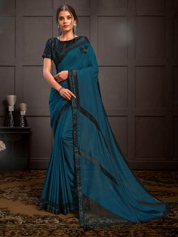 Odette - Teal Blue Silk Georgette Designer Saree with Unstitched Blouse