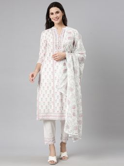 NEERU'S - White Regular Straight Floral Kurta and Trousers with Dupatta (Set of 3)
