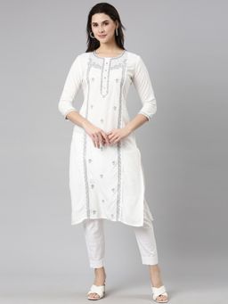 NEERU'S - White Regular Straight Floral Kurta